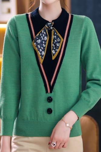 Image of LAI MENG FIVE CATS Women's Fall Tie Neck Sweater Shirt Long Sleeve Patchwork Knit Retro Pullover Tops