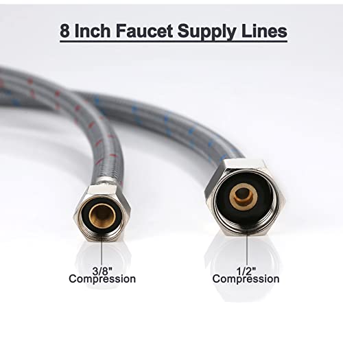 Faucet Supply Lines, Arcora 8" Length Bathroom Kitchen Faucet Connector Braided Nylon Water Supply Line 3/8" Comp X 1/2" Comp 2Pcs (1 Pair) #TOP1