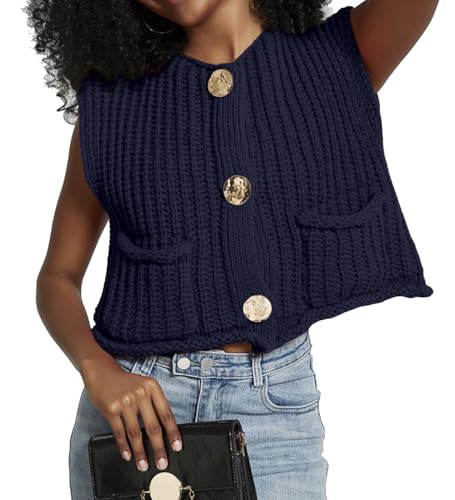 Image of Women's Sleeveless Crochet Cardigan Vest Casual Fashion Button Down Open Front Sweater Vest with Pockets