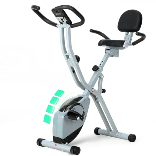 ISE Bicicleta estática plegable con respaldo acolchado, asiento ajustable,pedaleo silencioso, Bici Estatica Plegable con 8 niveles de resistencia,Exercise Bike con LCD pantalla, Bluetooth y APP