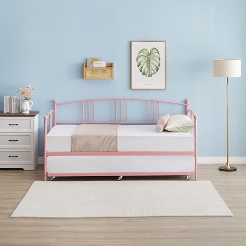 Image of Garvee Twin Daybed with Trundle, Sturdy Metal Day Bed with Arched Headboard and Steel Slat Support, Pullout Trundle with 6 Casters, Sofa Bed for Living Room Bedroom and Guest Room, Pink | Pullout Trundle, Six Smooth Casters, Space-Saving Design, Extra Sleeping Space, Easy Assembly, Pink