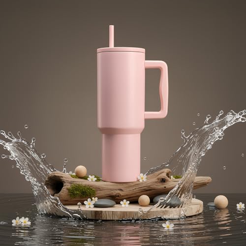 Image of Personalised 1200ml Insulated Stainless Steel Tumbler with Handle and Straw Lid - Large Travel Mug for Coffee & Water, Double Wall Vacuum Cup, Car Cupholder Friendly (Soft Pink)