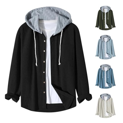Men's Corduroy Shirt Jackets Long Sleeve Button-Down Casual Hooded Shacket Jacket Versatile Warm Outerwear with Pockets