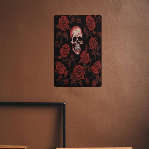 Letrero de estaño de calavera y rosa para colgar arte de pared metálico retro 7