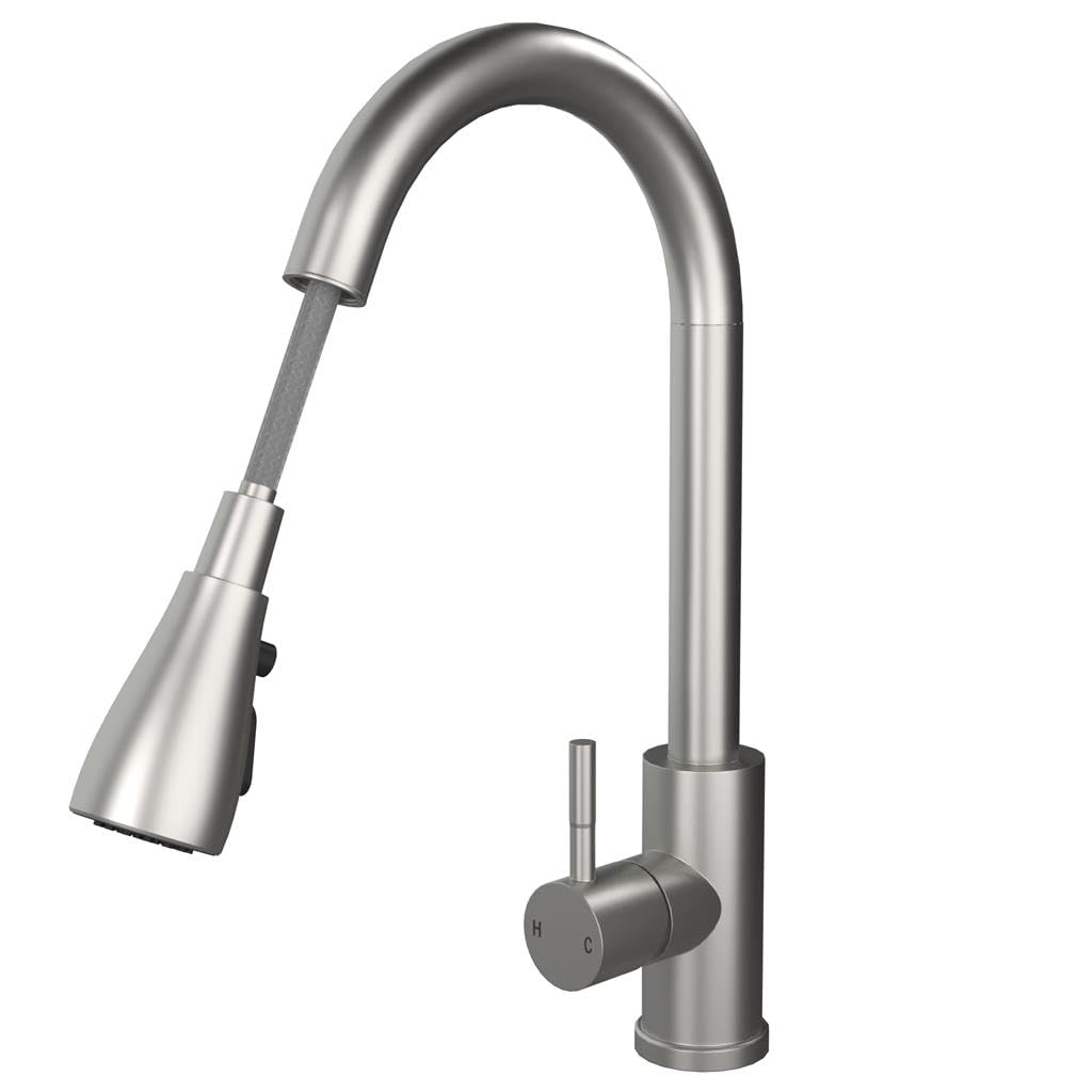 Liquida Brushed Steel Kpo11bs Single Lever With Pull Out Spray Kitchen Mixer Tap