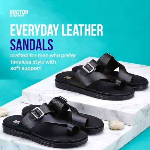 Image of DOCTOR EXTRA SOFT Men's Classic Casual Original Leather Thong Black /Brown Sandals /Chappals with Memory Foam Cushion| Stylish & Non-Slip|Comfortable | Lightweight |Flip flops Slippers Gents & Boys F-1