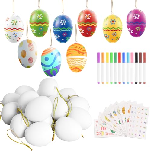 Bubuny Huevos de Pascua para Pintar, 30 Huevos de Plástico para Pintar Niños, Huevos de Plástico para Colgar, Huevos de Plástico Blancos para Pintar con 12 Marcadores Multicolores, 10 Adhesivos