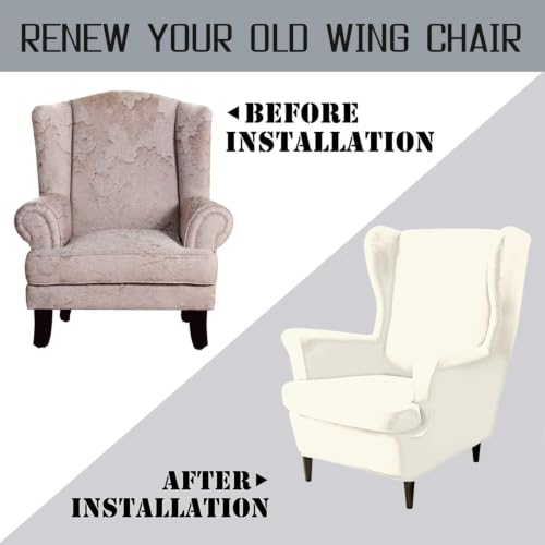Image of HOKIPO 210 GSM Premium Velvet Stretchable Wingback Chair Cover, Beige (NEW-AR-4761-BGE)