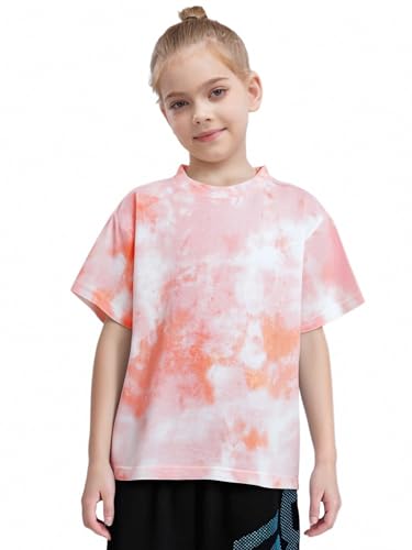 FEESHOW Girls Kids Short Sleeve Crewneck T-Shirts Tie-Dye Athletic Performance Shirts Casual Top for Beach Vacation