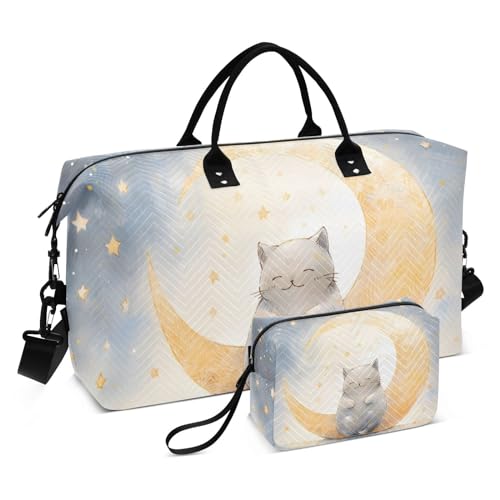 Large Travel Duffel Bag, Sleep Cat Sports Tote Gym Bag, Shoulder Weekender Overnight Bag for Women Men, Carry On Luggage with Toiletry Bags