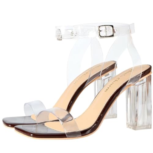 Image of Women's Clear Chunky Block Heeled Sandals 3.74 Inches Open Toe Ankle Strap Block High Heel Sandal Dress Dancing Sandals Daily Work Party Shoes