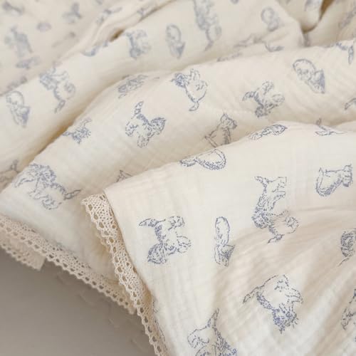 Image of BuLuTu Boys Girls Toddler Bed Quilted Blanket Cotton Muslin Thin Summer Comforter for Twin Size Bed, Soft Breathable Kids Quilt with Lace Edges, 60x78 Inches, Blue Cat Pattern, No Pillow