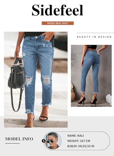 Sidefeel Women's Ripped Distressed Jeans Zimbaplatinum Stretchy Classic Boyfriend Denim Pants Size 14 Sky Blue