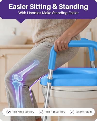Image of KEKOY Toilet Seat Risers for Seniors, Adjustable Height Width, Fits Most Users | Padded Elevated with Handles, Tool Free Install, Fits Most Round Elongated Toilets for Handicap,Ideal for Bathroom, Blue