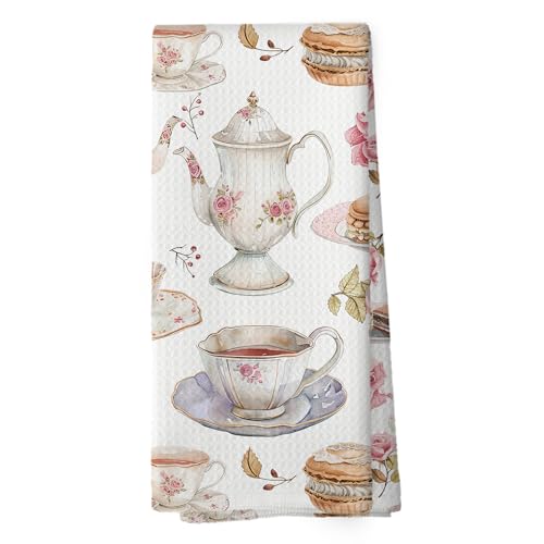 shiviody French Dessert Tea Time Kitchen Towels - Vintage Coffee Macaron Cake Dish Towels, French Patisserie Flower Decorative Absorbent Dishcloths Hand Towel for Kitchen Decor 16x24 Inches