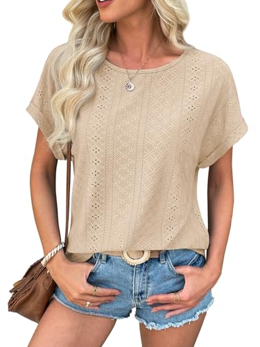 ATHMILE Womens Summer Tops Business Ladies Tops Blouses Short Sleeve Dressy Casual Outfits for Women Beige