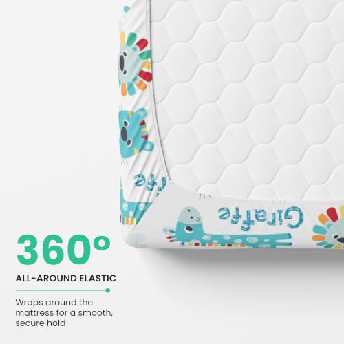 Image of LORETO - A QUALITY LINEN BRAND 144 TC 100% Pure Cotton Single Fitted Bedsheet with 1 Pillow Cover for 72 x 36 Inch Mattress, All-Around Elastic, 8 Inch Deep Pocket, Aqua & Rainbow Animal Parade