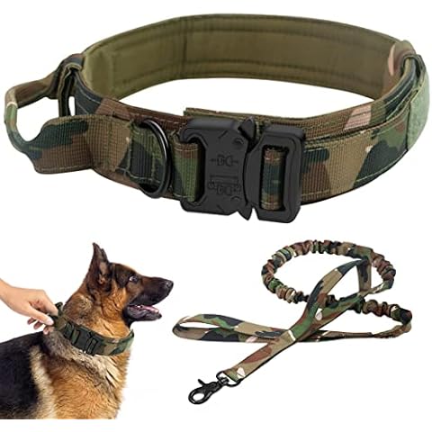 K9 Tactical Dog Collar with Handle, Wide Dogs, Elastic Dog Lead, Bungee Lead, Adjustable Nylon Dog Collar, for Dog Training, Camouflage Green, Size M Cover