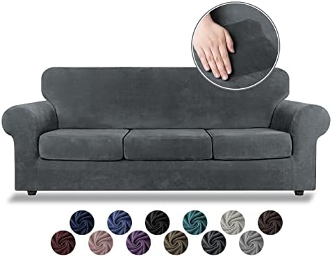 Asnomy Couch Covers for 3 Cushion Couch Sofa Loveseat Cover Velvet Stretch Slipcovers for Dogs Cats ,3 Seat Cushion Furniture Protector Machine Washable（Large，Dark Grey）