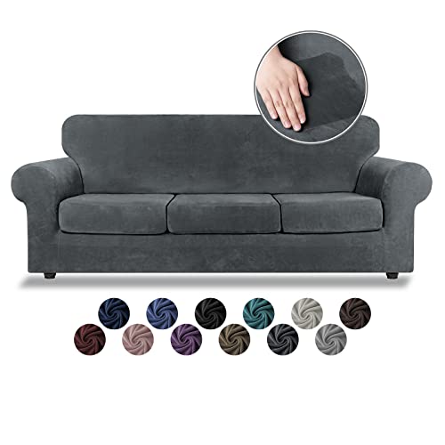 Asnomy Couch Covers For 3 Cushion Couch Sofa Loveseat Cover Velvet Stretch Slipcovers For Dogs Cats ,3 Seat Cushion Furniture Protector Machine Washable（Large，Dark Grey） #TOP17