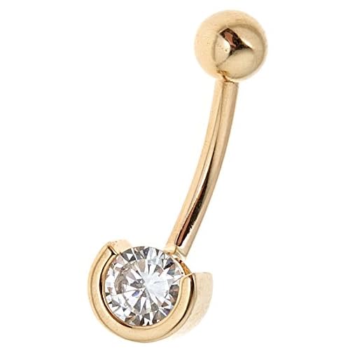 Ritastephens 14k Real Yellow Gold CZ Eclipse Belly Button Navel Ring 14 gauge