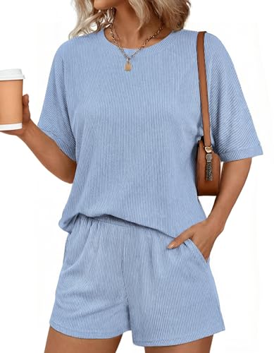 Ekouaer Women 2 Piece Lounge Set 2026 Summer Cruise Outfits Ribbed Loose Short Sleeve Matching Sets with pocket Baby Blue Medium
