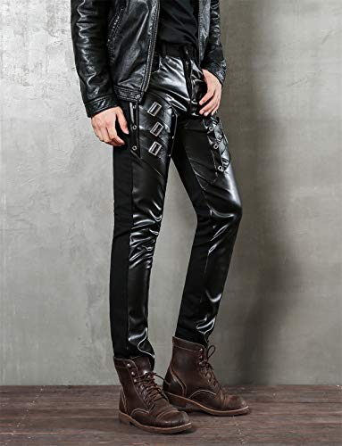 Men`s Black Party Stage Performance Slim Fit Biker Faux Leather Pants2