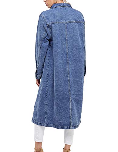 Women's Long Casual Maxi Length Denim Cotton Coat Oversize Button Up Jean Jacket (Medium Blue, L) #TOP3