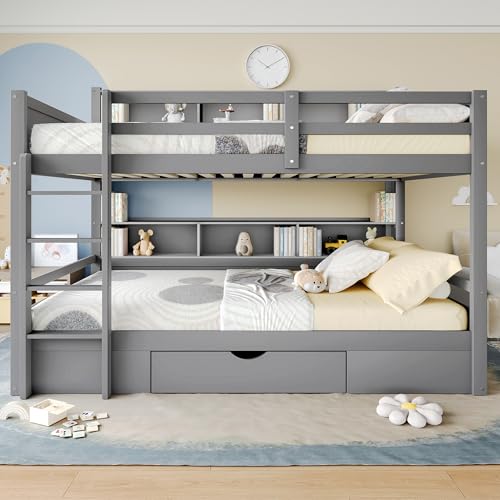 Funktionsbett Etagenbett 90x200 für 2 Kinder, Stockbett mit Bücherregal & Schubladen, Hochbett Kinderbett mit Rausfallschutz und Lattenrost, Massivholz Kinderhochbett Jugendhochbett, Doppelbett (Grau)