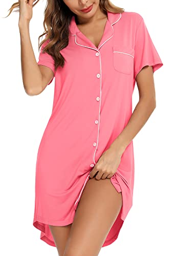Image of Samring Pajama Nightgown for Women Short Sleeve Button Down Boyfriend Night Gown Nightdress Sleep Shirts