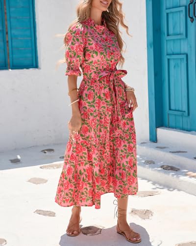 Women's Floral Printed Stand Ruffle Collar Midi Dress Half Sleeve Button Down Flowy Belted Beach Vacation Dress3