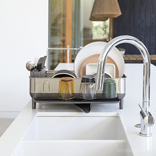 simplehuman Large Capacity Dish Drying Rack with Stainless Steel Frame, 360º Easy Drain Swivel Spout, Utensil & Wine Glass Holder, Anti-Residue Coating, Moisture Control Surface, Grey