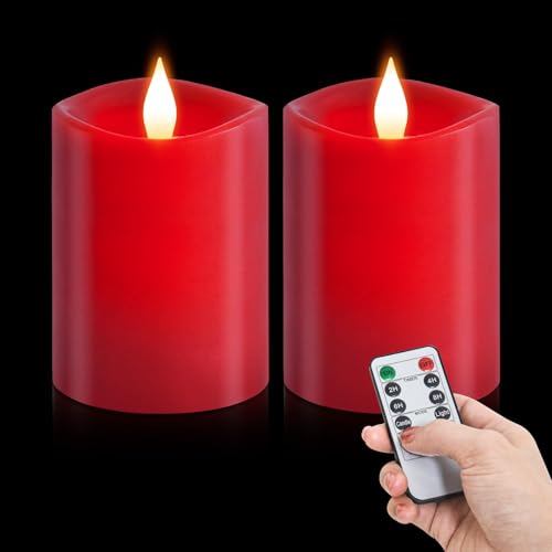 Image of 3x4 Flickering Flameless Candles Set of 2,Real Wax led Candles Flickering,with Timer,4 inch Flameless Candles with Remote,Battery Operated Candles,for Party Wedding Holiday Home Decor,Red