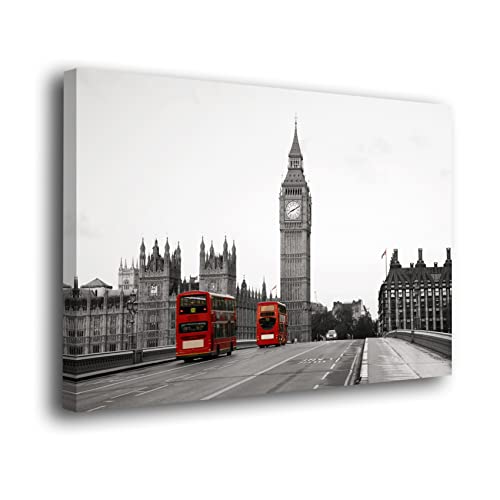 Genérico Cuadro Lienzo Canvas Big Ben Londres Blanco y Negro y autobuses Rojos Europa – Varias Medidas - Lienzo de Tela Bastidor Madera de 3 cm - Alta resolucion (50, 33)