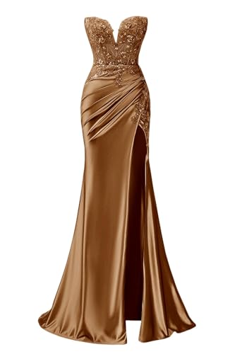 HPPEE Vestido de fiesta de sirena de lentejuelas brillantes con abertura, plisado, sin tirantes, vestido de noche formal con apliques de encaje, marrón, 48 Grande