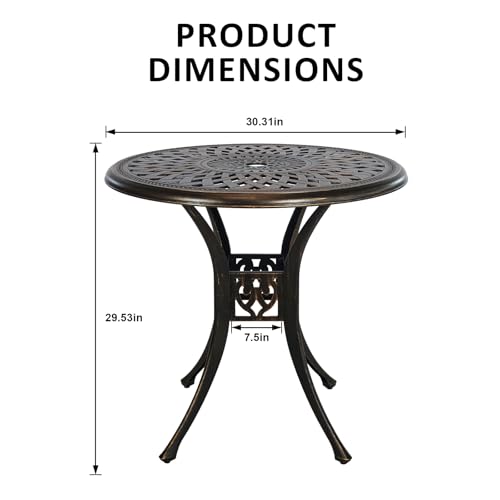 Image of 30.7 inch Outdoor Round Cast Wrought Aluminum Patio Metal Dining Table with Umbrella Hole, Cast Aluminum Frame Bistro Table for Backyard Lawn Balcony Deck, Bronze