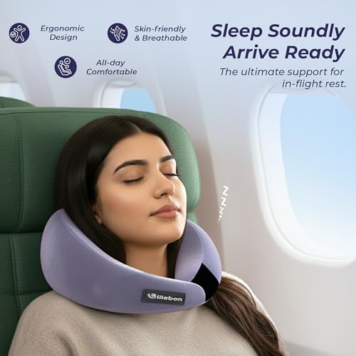 Image of Billebon Gel Infused Memory Foam Neck Pillow, Travel Pillow with Adjustable Velcro Straps, Neck Pillow for Travelling & Flight Travel, Ergonomic Support for Comfort & Pain Relief(Lavender Combo)