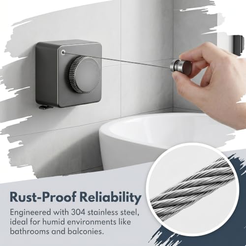 Image of Retractable Clothesline Indoor 15.1 Feet, Clothes Line Outdoors Holds 40lbs | Non-Sagging Clothes Line Outdoor, Wall Mounted Retractable Laundry Line for Travel, RV, Balcony (Grey)