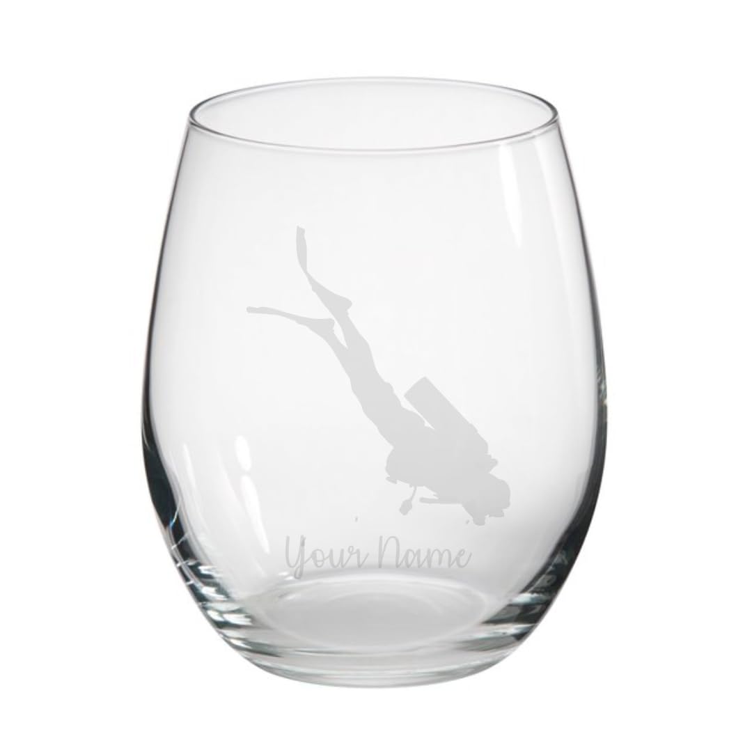 Personalised Scuba Diving Engraved Glass, Sports Gift for Him for Her (Stemless Glass)