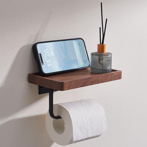 NIBNIE Walnut Wood Toilet Paper Holder with Phone Shelf, Adhesive or Drill Installation Bathroom Washroom Wall Mount Wooden Toilet Tissue Roll Holder with Shelf for Hold Wipes, Cell Phone (Concave)