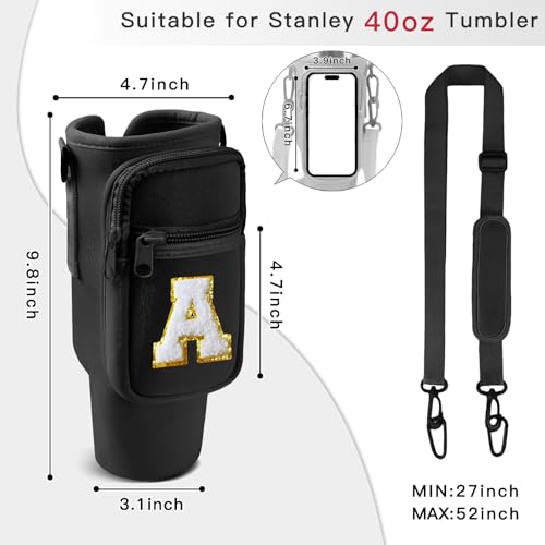 Image of Water Bottle Carrier Bag with Phone Pocket for Stanley 40oz Tumbler,Glitter Initial Sport Water Bottle Holder Sling Pouch with Adjustable Strap for Stanley Cup Accessories (Black V)