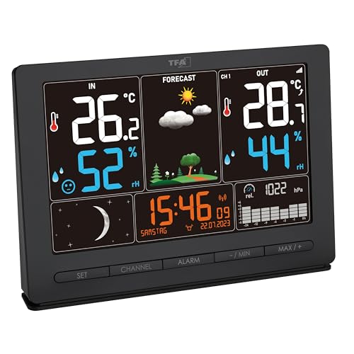 TFA Dostmann Funk-Wetterstation Season 2, 35.1118, mit Außensender, Wettervorhersage, Farbdisplay, Temperatur und Luftfeuchtigkeit, inkl Funkuhr mit Mondphase, schwarz