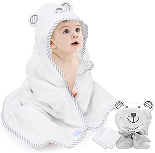 Lila Baby Hooded Towel Organic Bamboo Baby Bath Towels for Toddlers, Absorbent Thick, Ultra Soft, Large 35'' x 35'', 2 Washcloth, Perfect Baby Towels and Washcloths with Cute Ear Design, 2003T, White