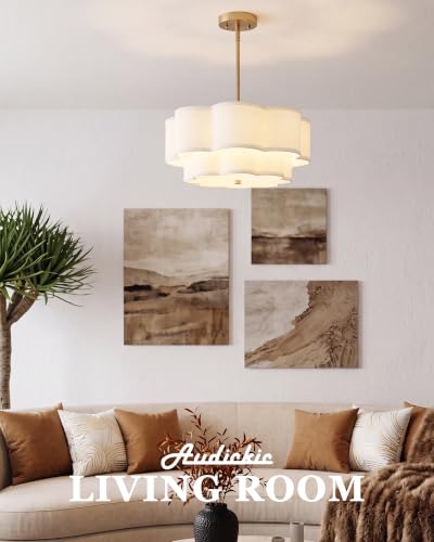 Image of 18 inch Gold Fabric Drum Chandelier, 3-Light Dining Room Light Fixture