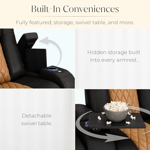 Image of Seatcraft Diamante Black /Tan Oak Italian Leather Home Theater Seating, Zero Gravity Power Recliner, Gaming and Home Office Chair, Powered Headrest Furniture for Cinema Room, Row of 4 Middle Loveseats