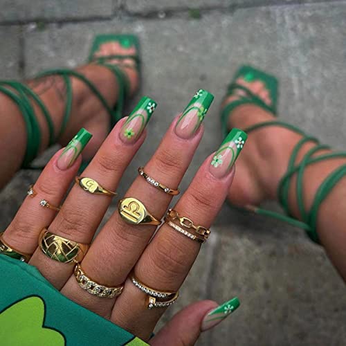 St. Patrick’s Day Press on Nail Green French Tips Ballerina Fake Nail Flower Acrylic Nail Glue on Nail Lucky of Irish Nail Design for Women Girl Full Cover Natural False Nail Manicure Decor