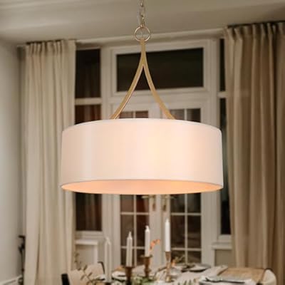 KSANA Drum Pendant Chandelier 3-Light Gold Chandelier 17.5 inch Modern Farmhouse Chandelier Ceiling Hanging Light Fixture for Dining Room, Kitchen, Living Room, Foyer