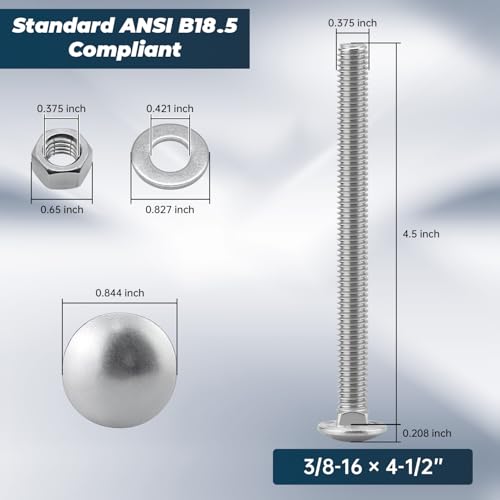 Image of 3 /8-16 x 4-1 /2 Inch Carriage Bolt Kit, 304 Stainless Steel (18-8) with Hex Nuts & Flat Washers - 6 Sets, Round Head Square Neck, Full Thread Coverage by Glvaner
