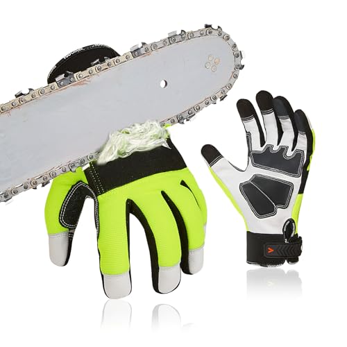 Vgo... Gants de Protection Contre les Tronçonneuses EN381-7, Classe 1, 20 m/s, Protection Contre les Coupures, Haute Résistance aux Coupures, en Cuir de Chèvre et PVC(GA8912/L/Vert/1 paire)