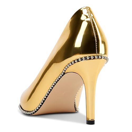 Image of TNYNFBEB Womens Stiletto Mid Heel Pointed Toe Pumps Slip-on Sliver Beaded Prom Wedding Dress Basic Classic Patent Leather 3.5 Inches Heels